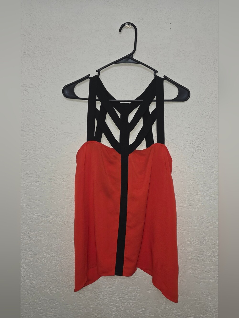 Bisou Bisou Coral-Red Strapless Top with Black Crisscross Straps SMALL